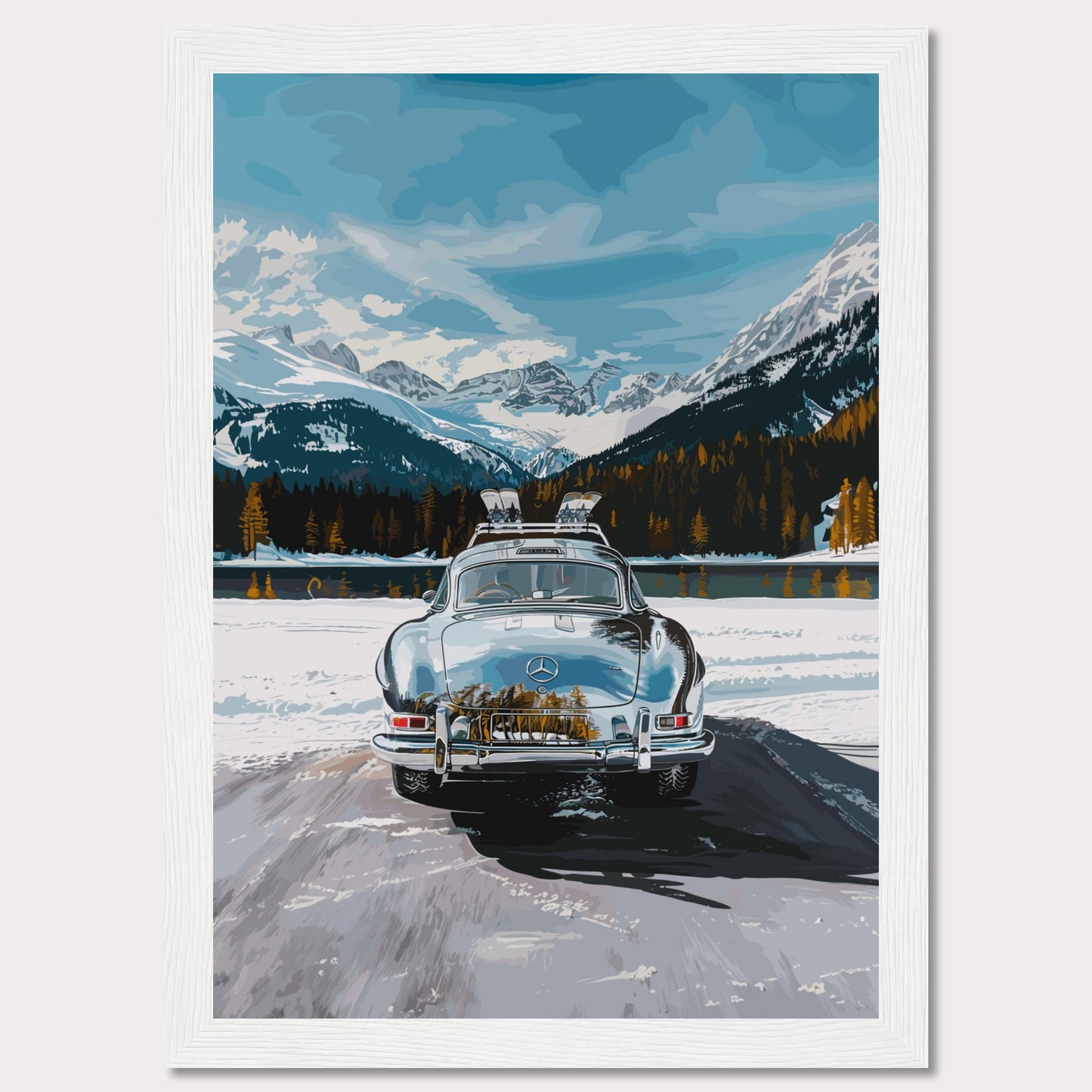 This artwork features a classic car parked on a snowy road with breathtaking snow-capped mountains and a serene lake in the background.