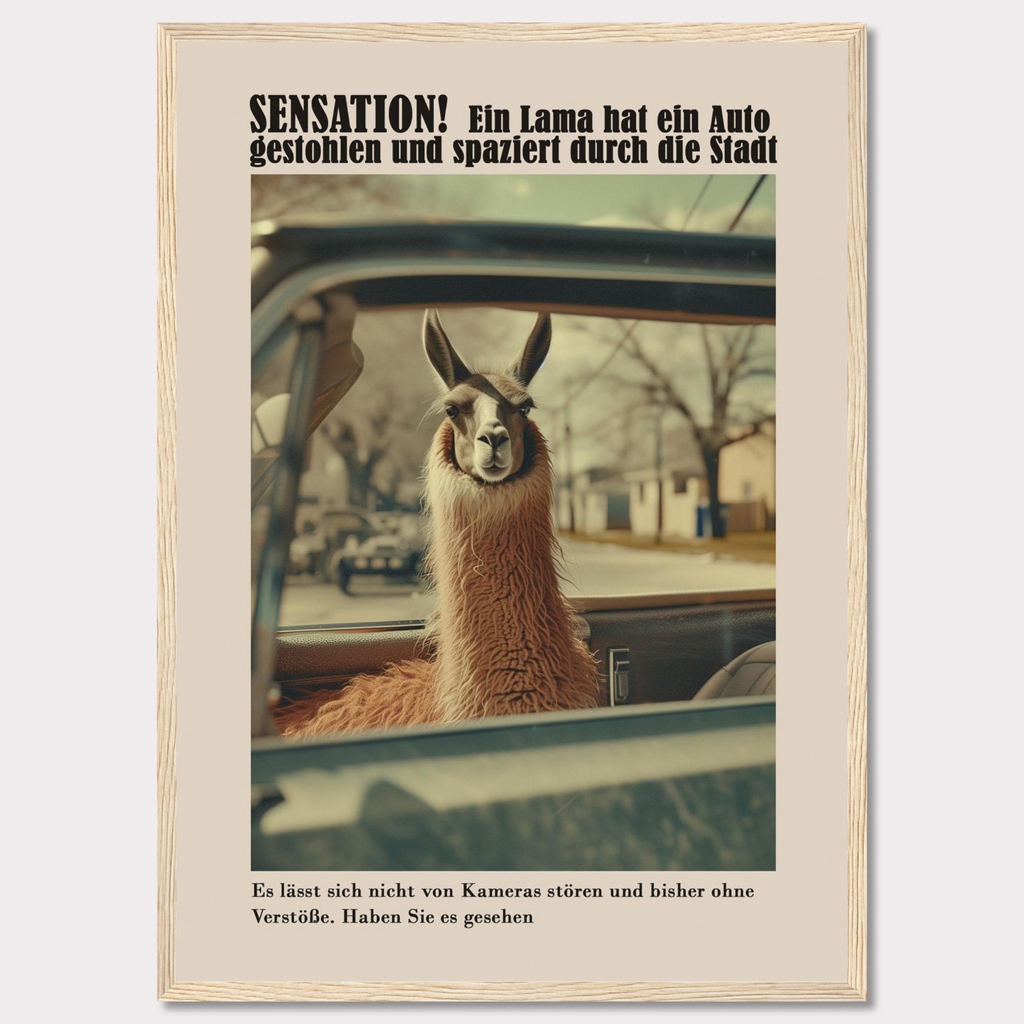 SENSATION! A llama has stolen a car and is strolling through the city.  It is not bothered by cameras and so far has committed no offenses. Have you seen it?