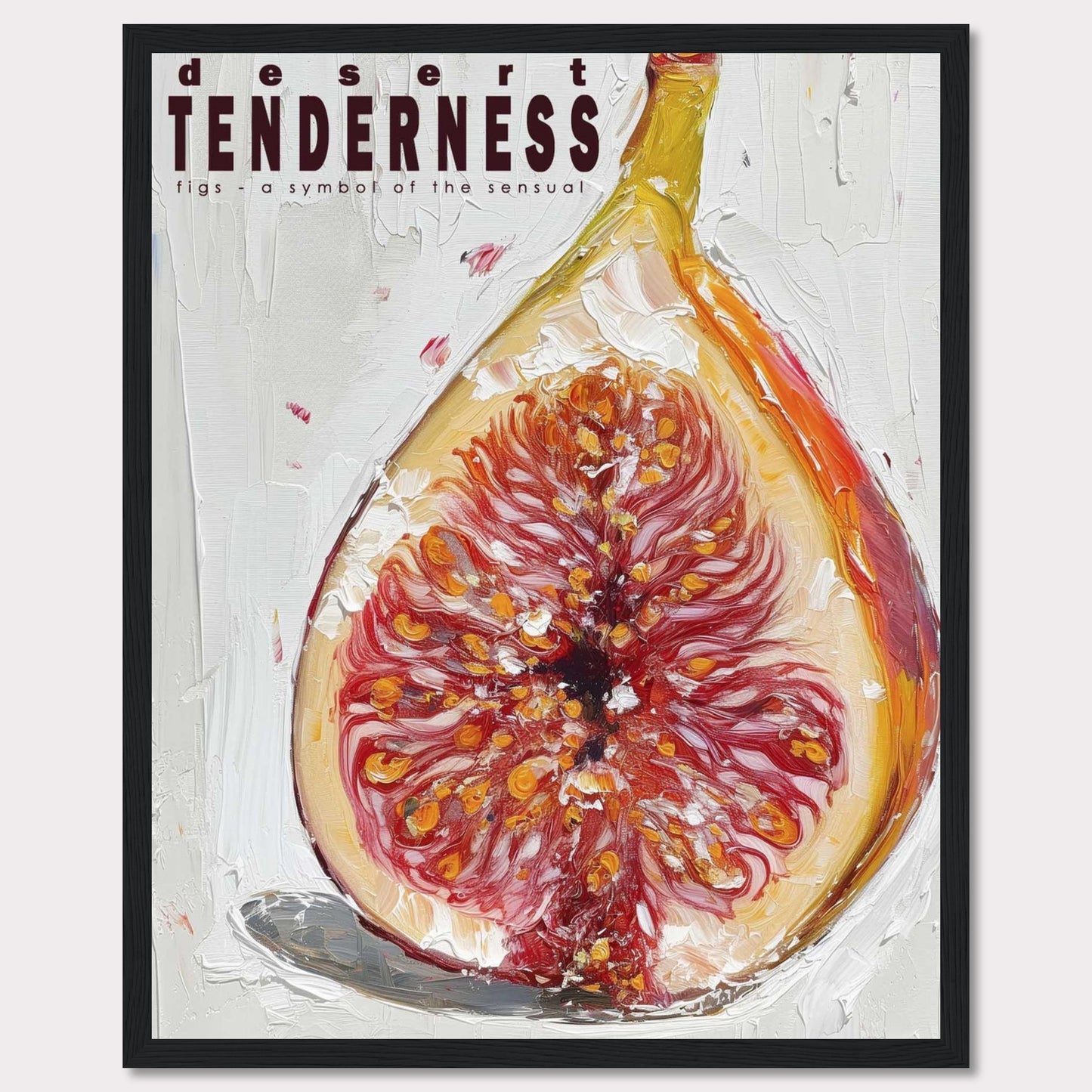 This image features an artistic representation of a fig, emphasizing its rich, sensual qualities. The painting uses bold brushstrokes and vibrant colors to highlight the intricate details of the fruit.