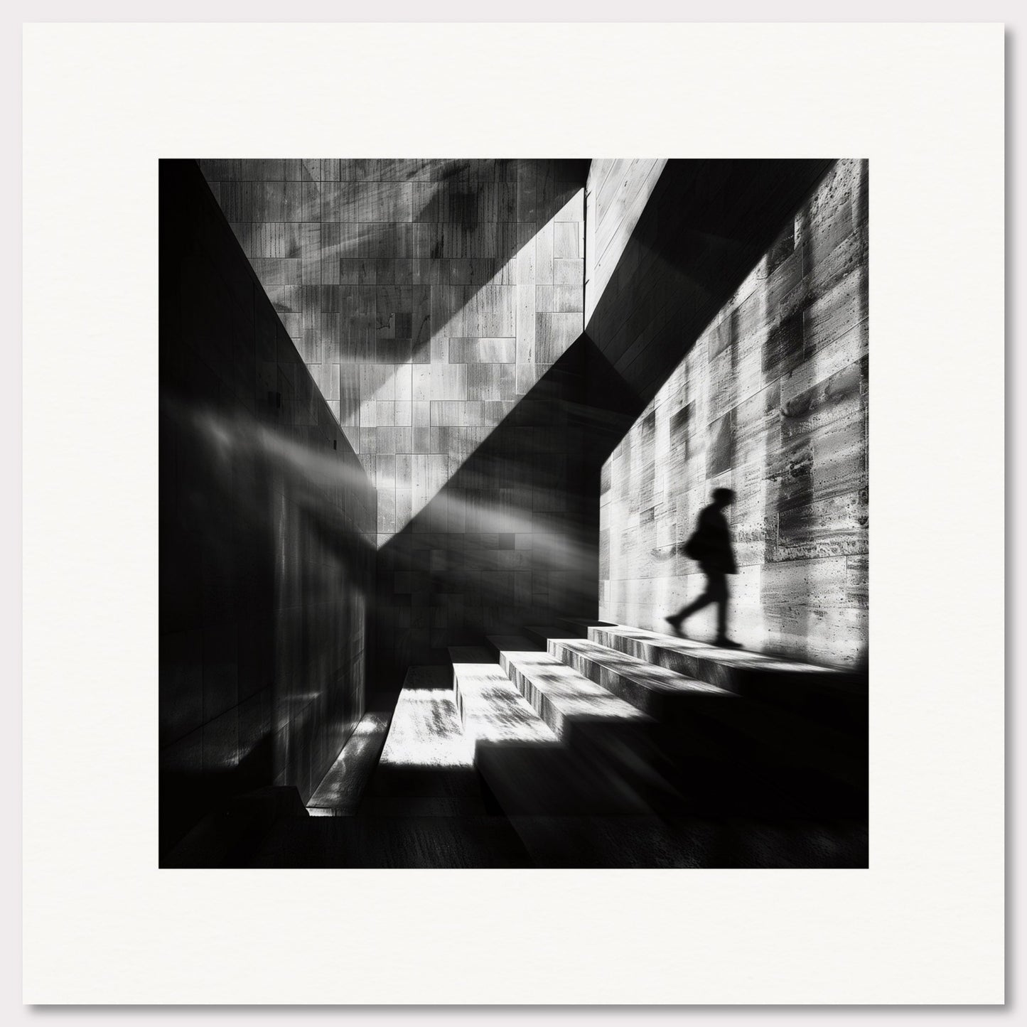 This striking black and white photograph captures a solitary figure ascending a staircase bathed in dramatic light and shadows. The geometric patterns and stark contrasts create a sense of mystery and introspection.