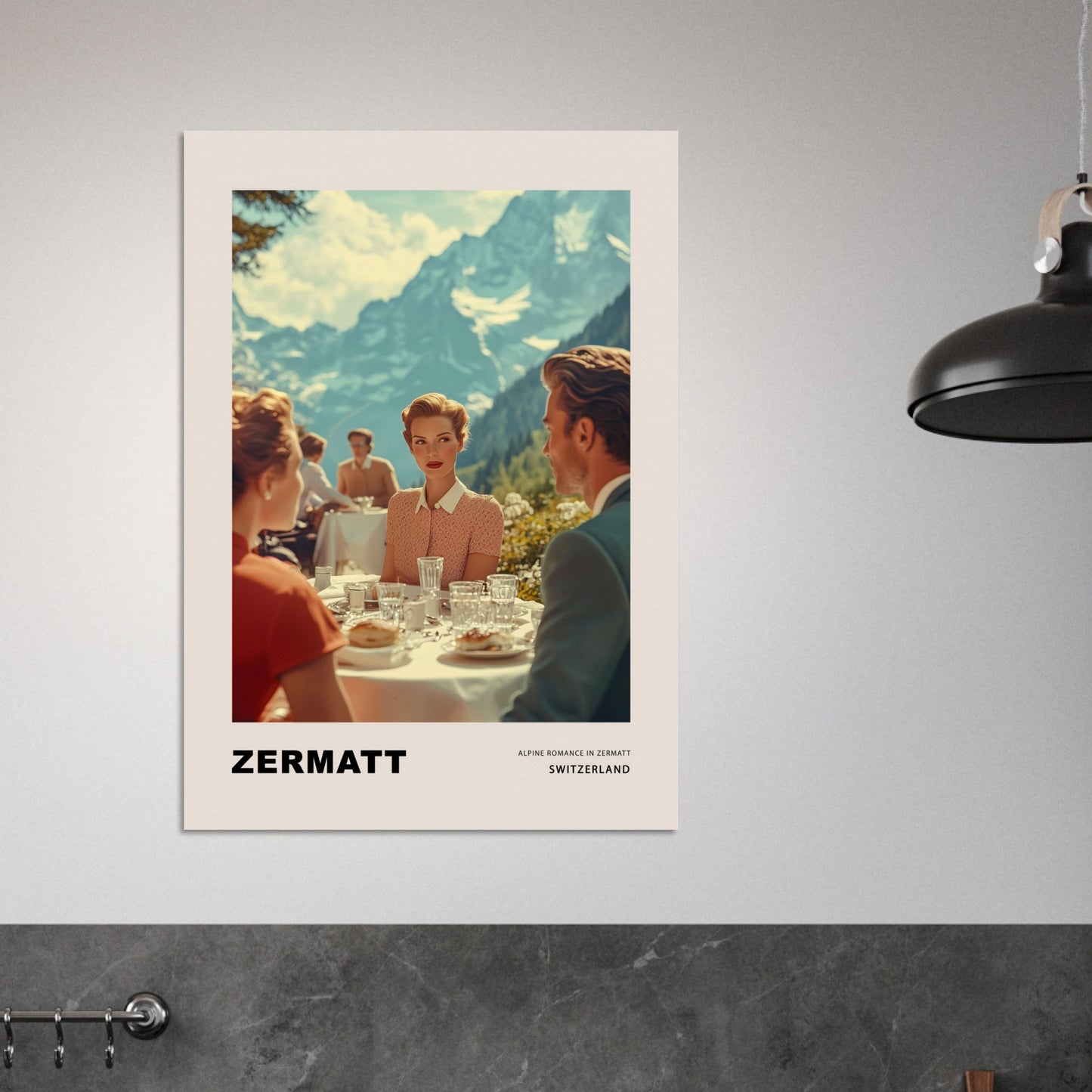 This poster transports us to a world of elegant romance amidst the mountainous landscapes of Zermatt, Switzerland. At the center of the scene is a refined woman with a romantic, enigmatic gaze directed at the man across the table on a café terrace, set against the majestic backdrop of the Alps. 