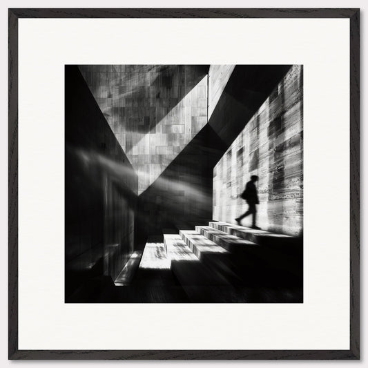 This striking black and white photograph captures a solitary figure ascending a staircase bathed in dramatic light and shadows. The geometric patterns and stark contrasts create a sense of mystery and introspection.