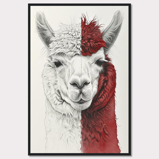 This striking artwork features a detailed illustration of an alpaca with a unique half-white, half-red fur pattern. The intricate lines and textures bring the alpaca's gentle expression to life, making it a captivating piece for any space.