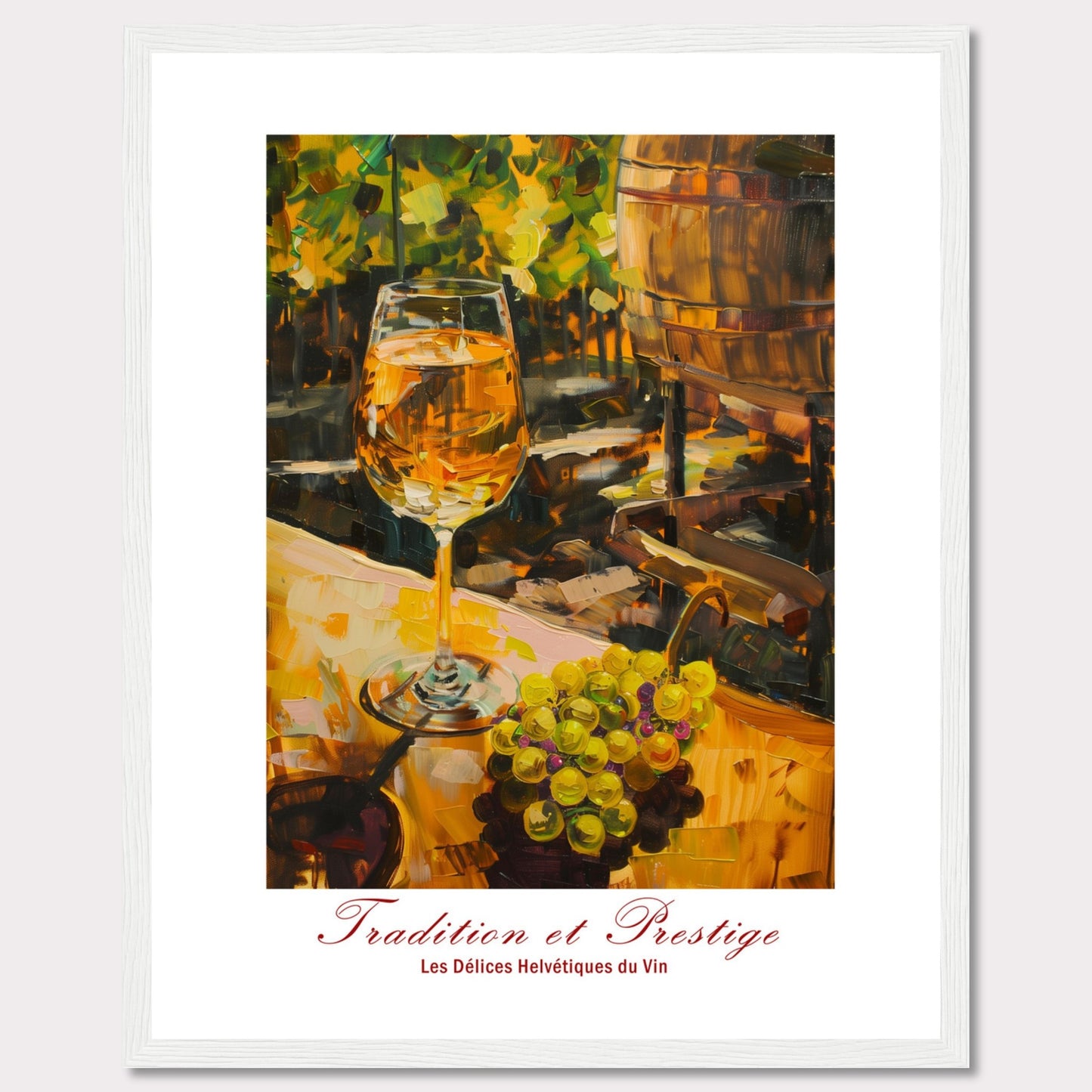 This image showcases a beautifully painted scene of a wine glass filled with white wine, set against a backdrop of a vineyard. The painting captures the essence of tradition and prestige in winemaking.