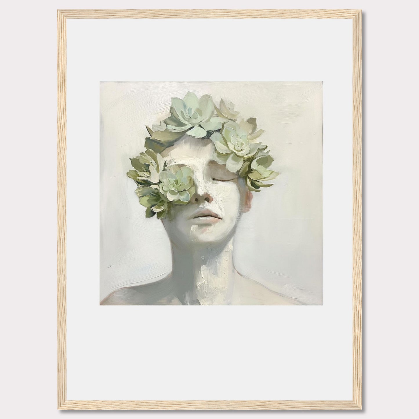 This captivating artwork features a serene face adorned with a crown of succulents, blending nature and human form in a harmonious expression.