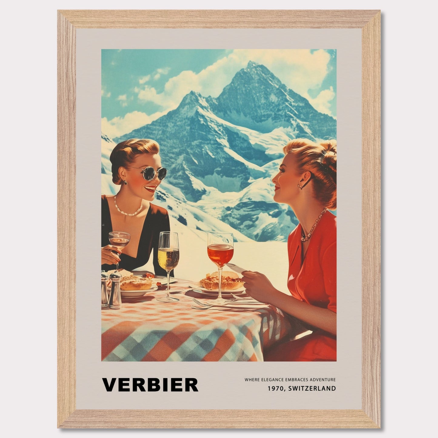 This glamorous poster showcases the refined charm of Verbier, featuring two elegantly dressed women enjoying an alfresco meal with breathtaking alpine peaks as their backdrop. The scene embodies a perfect blend of sophistication and adventure, inviting viewers to savor the unique allure of this Swiss ski destination.