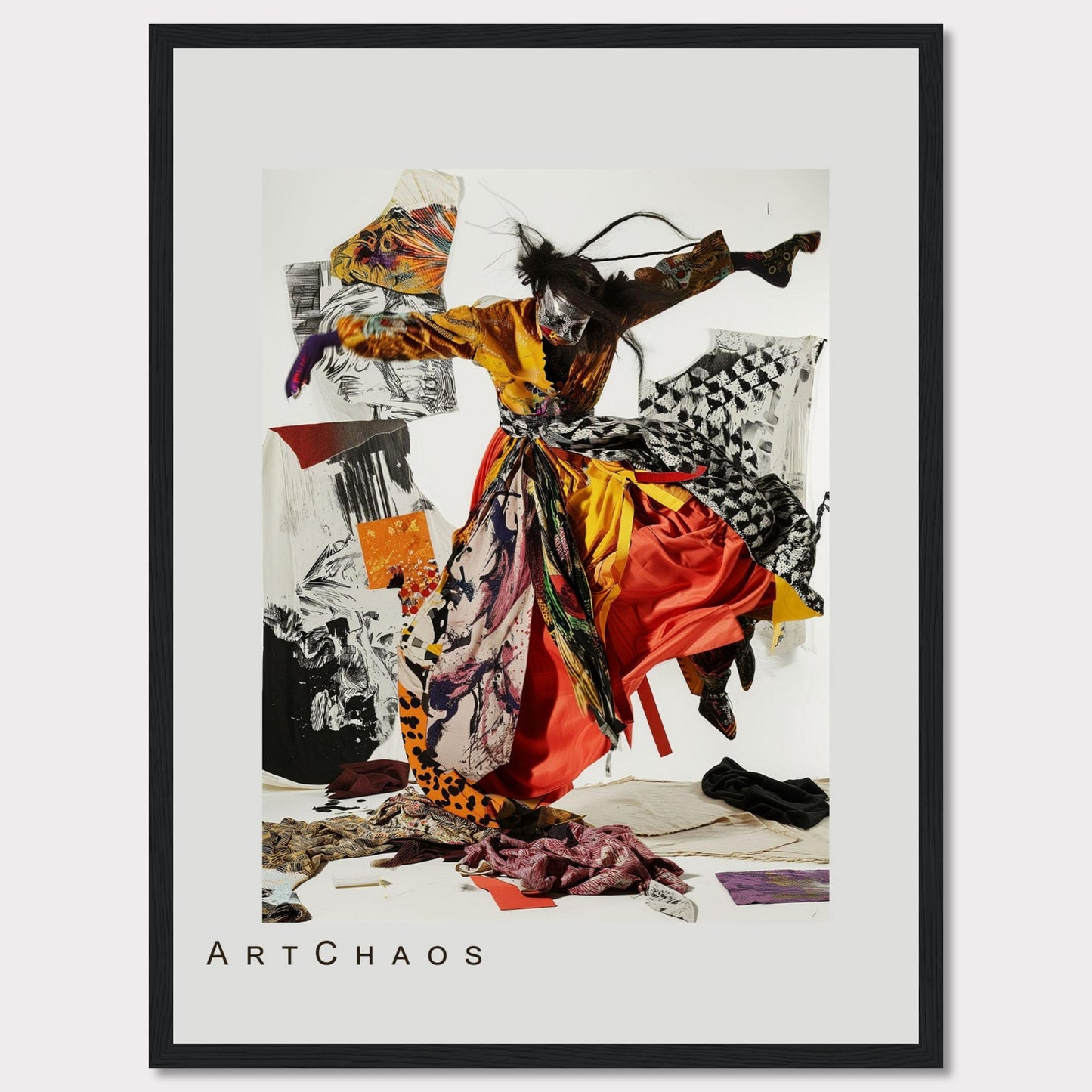 This captivating artwork features a dynamic figure in vibrant, flowing attire, seemingly caught in mid-motion. The background is a collage of abstract patterns and textures, adding depth and intrigue to the piece. The mix of bold colors and chaotic elements creates a sense of energy and movement.