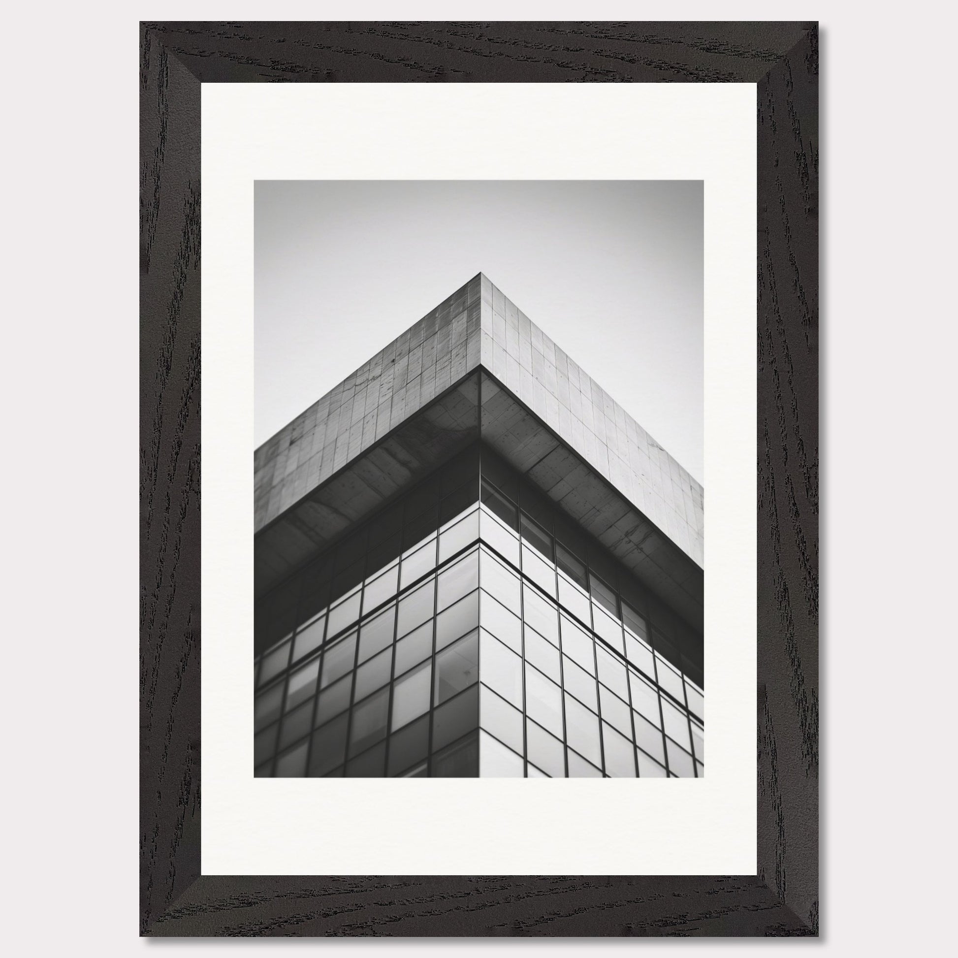 This striking black and white photograph captures the sharp, geometric lines of a modern architectural structure. The image focuses on the corner of a building, emphasizing its sleek glass windows and concrete elements.