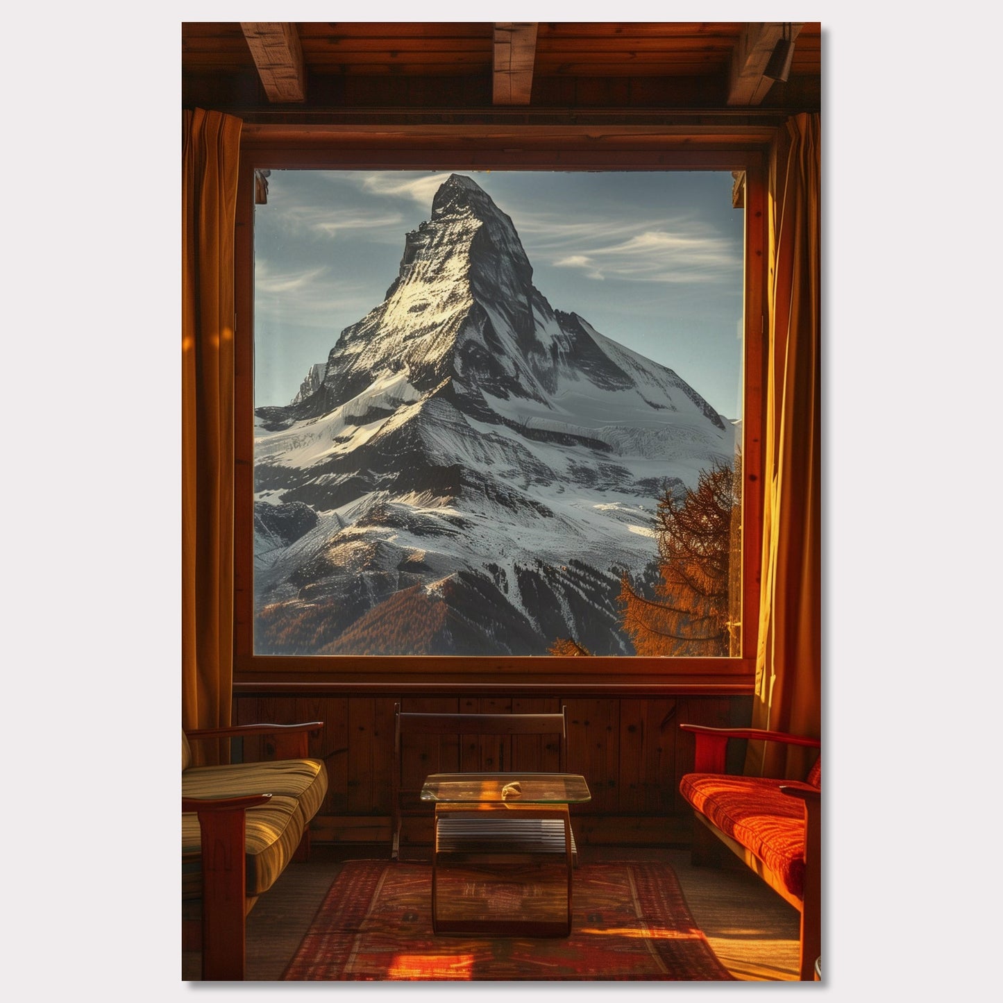 This stunning image captures a breathtaking view of a snow-capped mountain through a large window from a cozy wooden cabin. The warm interior contrasts beautifully with the majestic, cold mountain outside.