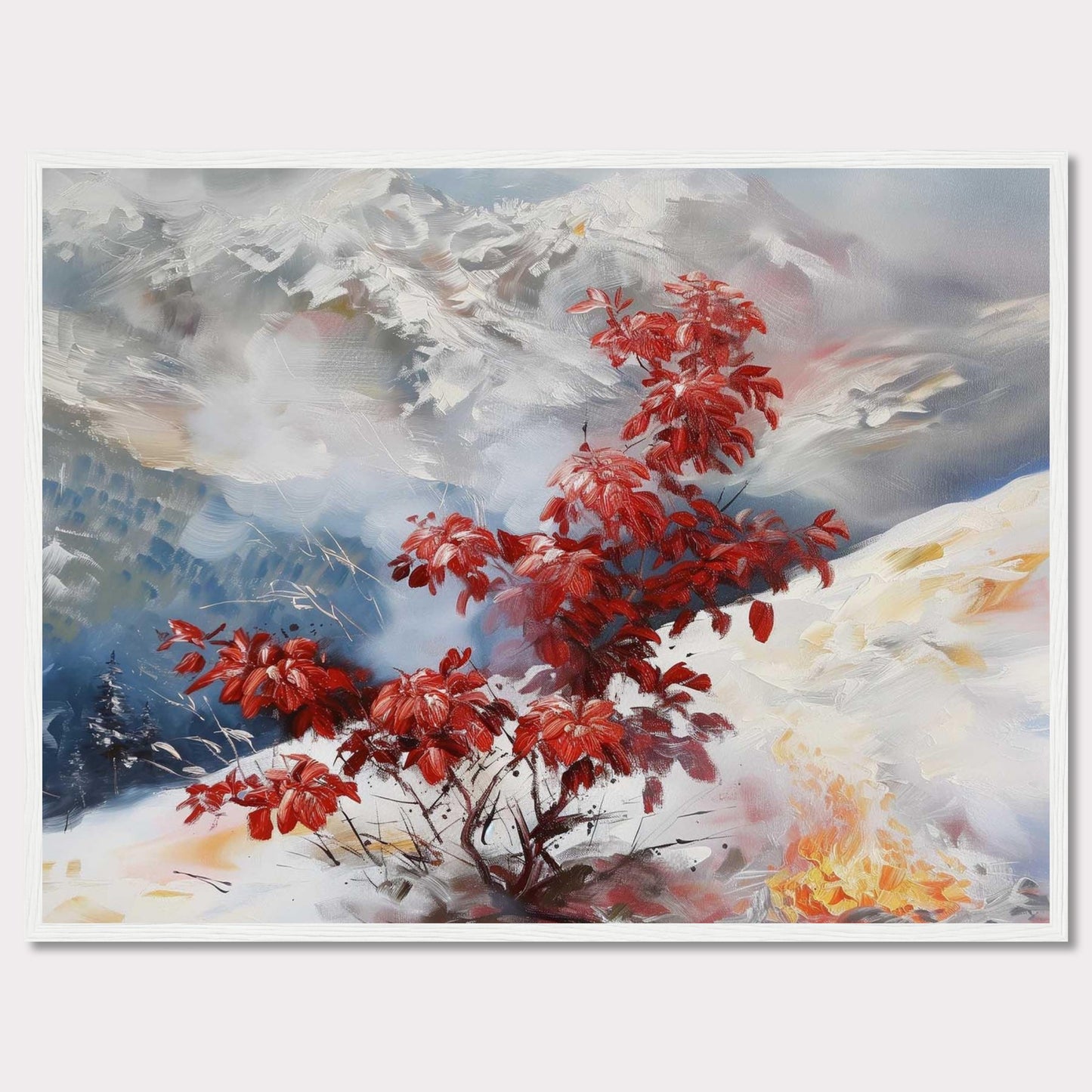 This captivating painting features a vibrant red bush standing out against a serene, snowy landscape. The background showcases majestic mountains partially obscured by mist, adding depth and mystery to the scene. The contrast between the fiery red leaves and the cool, muted tones of the snow and sky creates a striking visual effect.