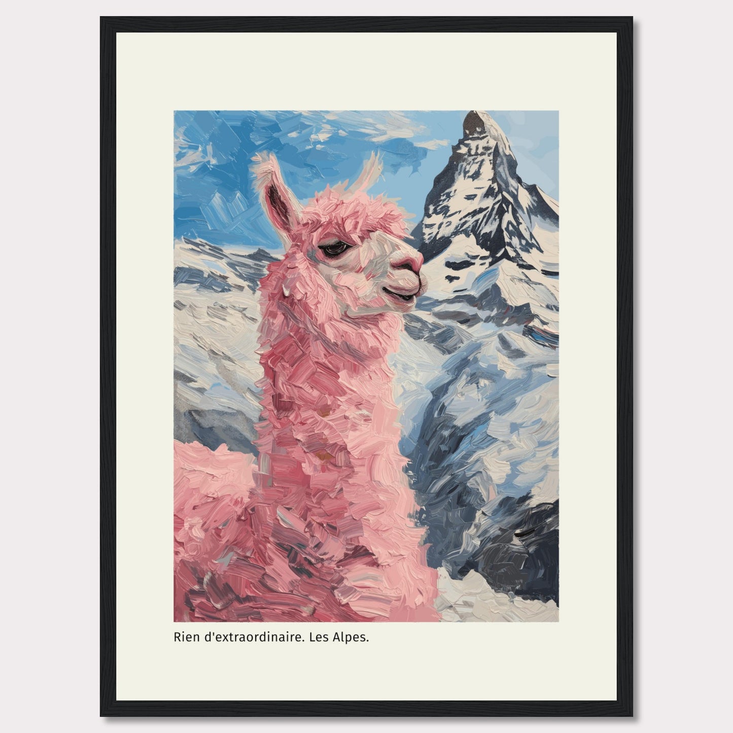 This whimsical painting features a pink llama standing proudly against the backdrop of the majestic Alps. The vibrant colors and playful brushstrokes bring a sense of fun and adventure to the scene.