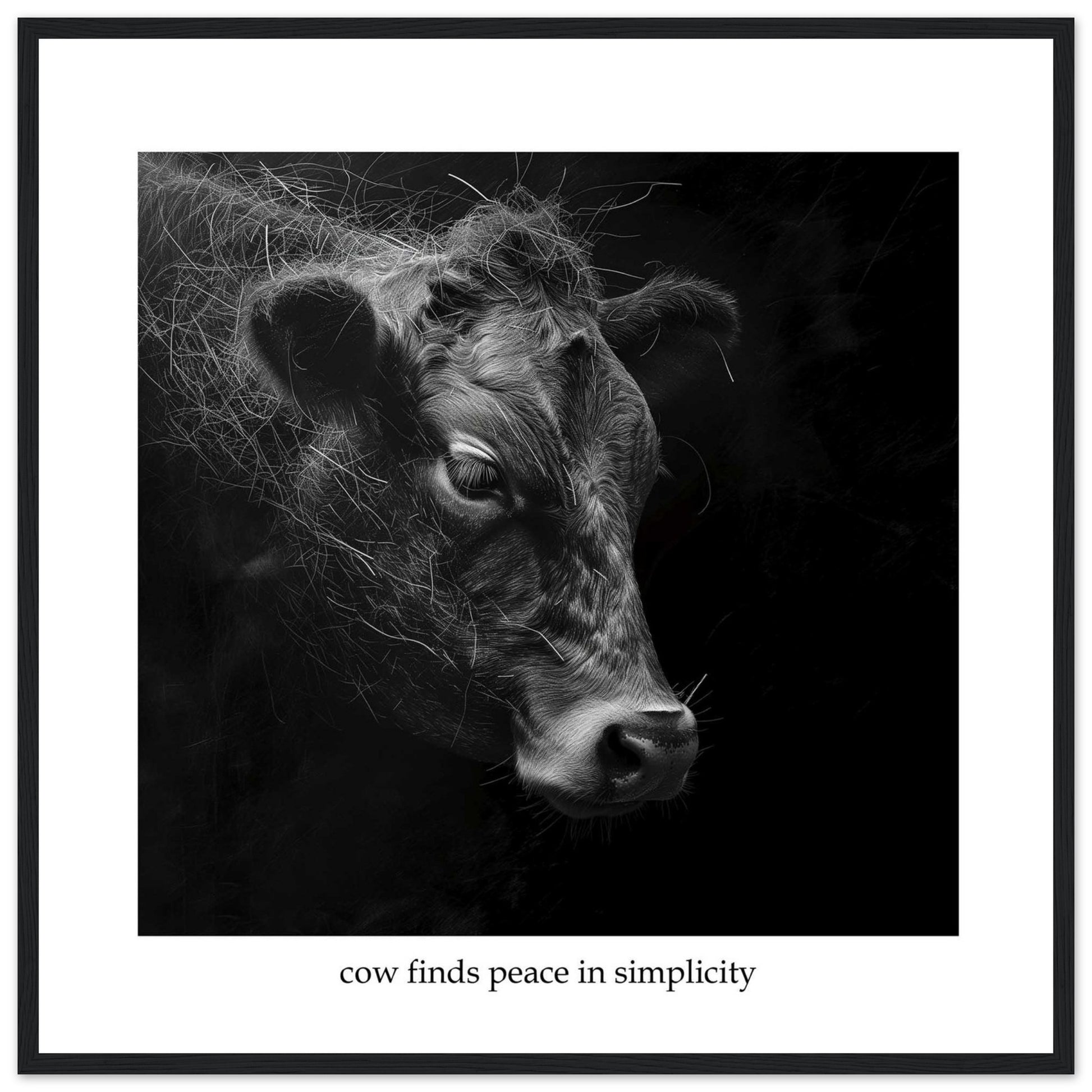 This image features a serene black and white portrait of a cow, captured in a moment of tranquility. The cow's detailed fur and calm expression are highlighted against a dark background, emphasizing its peaceful demeanor. The photograph is framed with a simple black border and includes the caption "cow finds peace in simplicity" at the bottom.