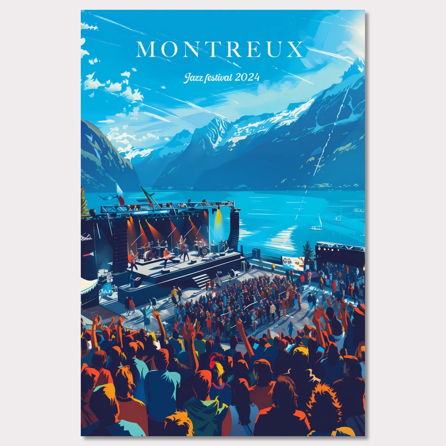 This vibrant poster showcases the Montreux Jazz Festival 2024, set against the stunning backdrop of Lake Geneva and the Swiss Alps. The image features a lively crowd enjoying a performance on an outdoor stage, with musicians playing under a clear blue sky.