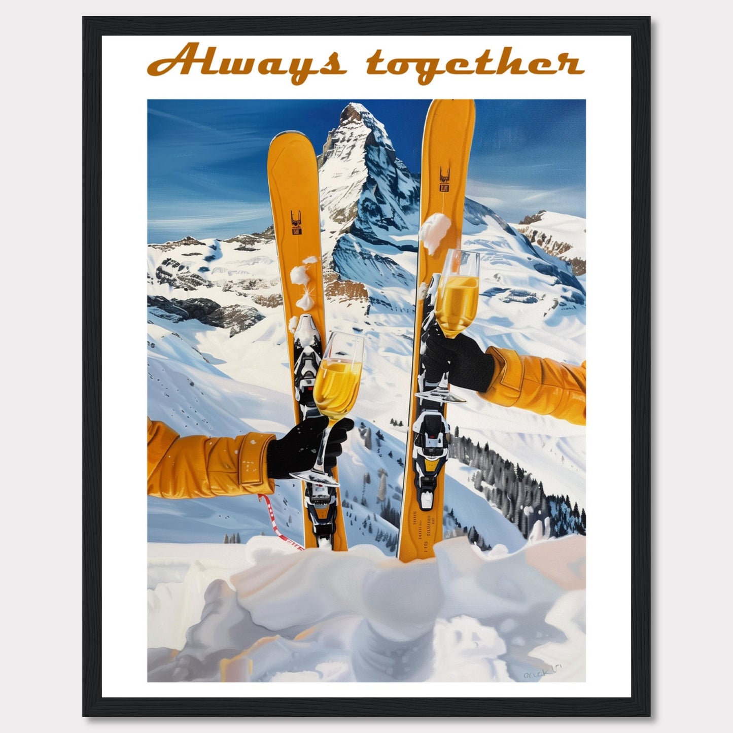 This image showcases a picturesque winter scene with two skiers celebrating on a snowy mountain. The central focus is on the skis and champagne glasses, symbolizing a joyous moment shared together.