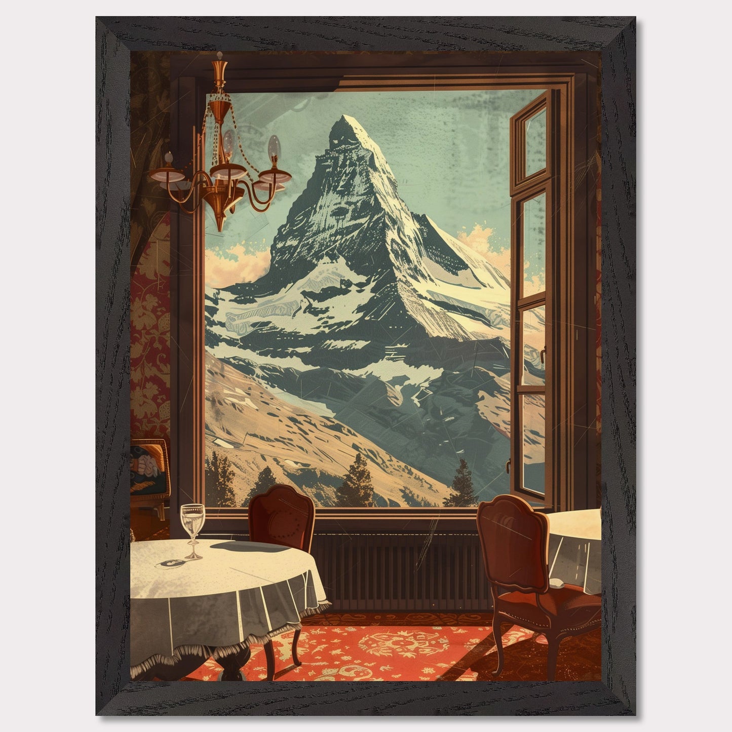 Witness the breathtaking view of a majestic snow-capped mountain through an elegantly framed window. This serene setting features a cozy dining area with classic furniture, a radiant chandelier, and a beautifully patterned carpet.