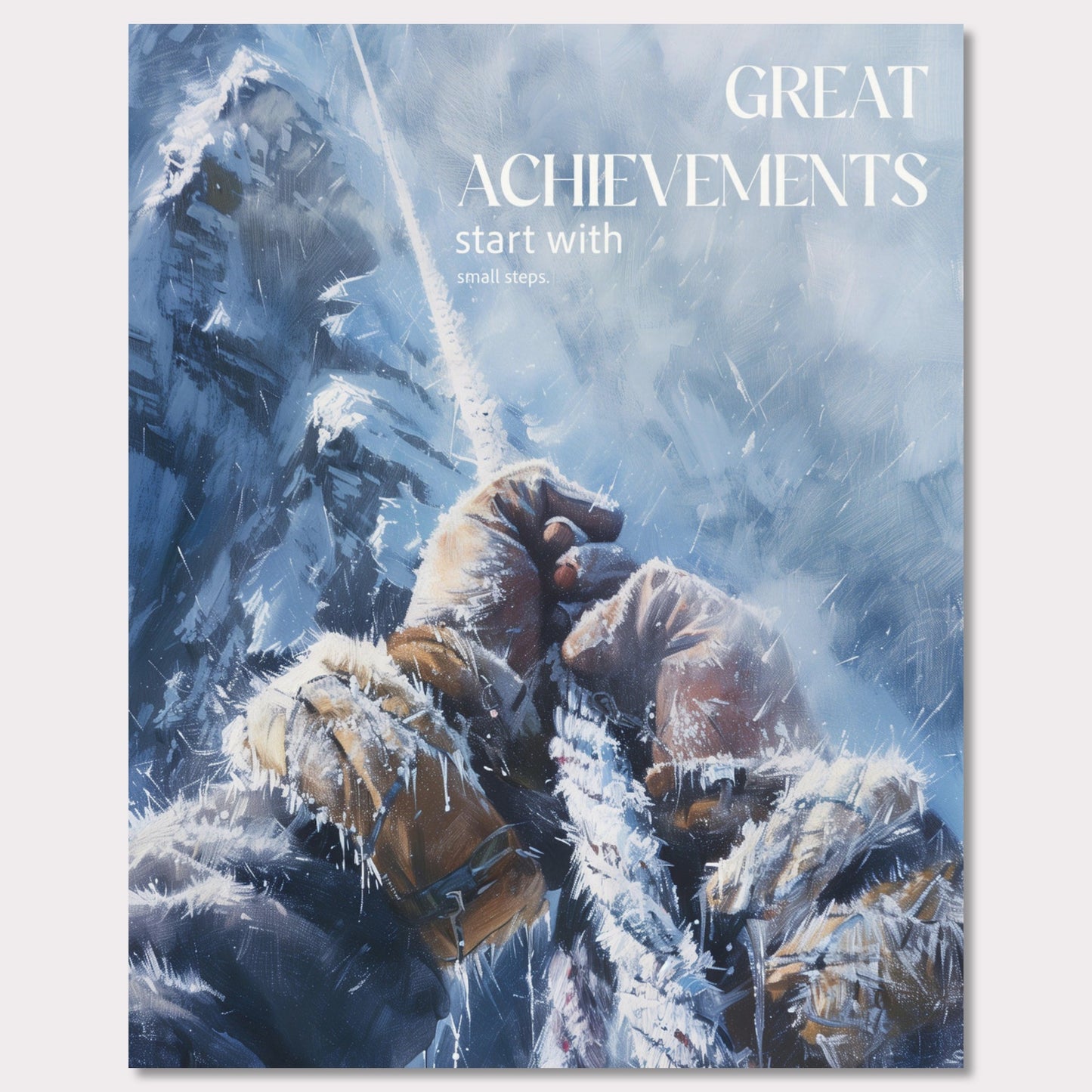 This motivational poster depicts a climber's hands gripping a rope, surrounded by a snowy and icy mountain landscape. The text on the poster reads: "GREAT ACHIEVEMENTS start with small steps."