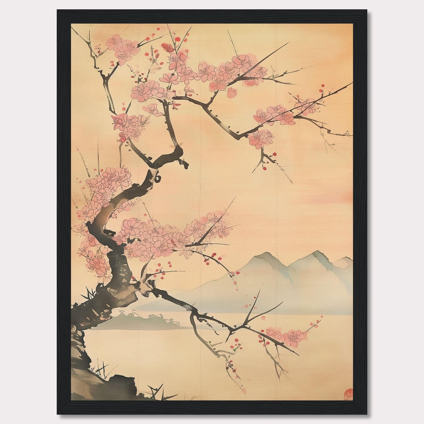 This beautiful artwork features a delicate cherry blossom tree in full bloom against a serene backdrop of distant mountains. The soft pastel hues create a tranquil and calming atmosphere, perfect for any living space.