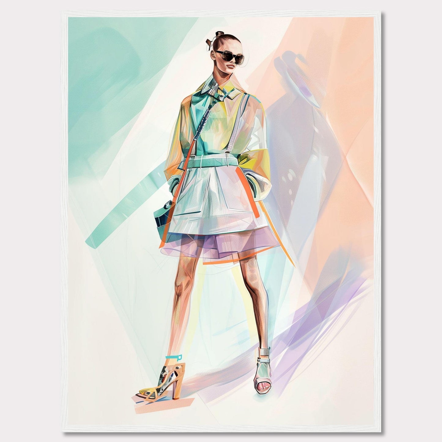 This stunning artwork features a stylish figure in a vibrant, modern outfit. The person is wearing a colorful, translucent coat over a layered skirt, with high-fashion heels and chic sunglasses. The background is an abstract blend of pastel colors, enhancing the fashionable vibe.