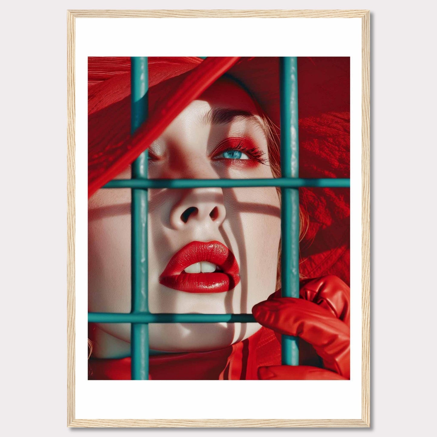 This striking portrait captures a close-up of a woman's face, emphasizing her vibrant red lips and eye makeup. She is framed behind teal bars, adding a sense of intrigue and contrast to the image. The vivid red hat and gloves complement her makeup, creating a bold and captivating visual. This artwork evokes a sense of mystery and allure.