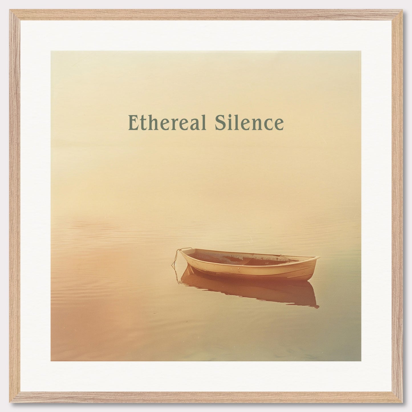 This serene photograph features a solitary rowboat gently floating on calm waters under a soft, ethereal light. The words "Ethereal Silence" are elegantly displayed above the boat, enhancing the tranquil atmosphere.