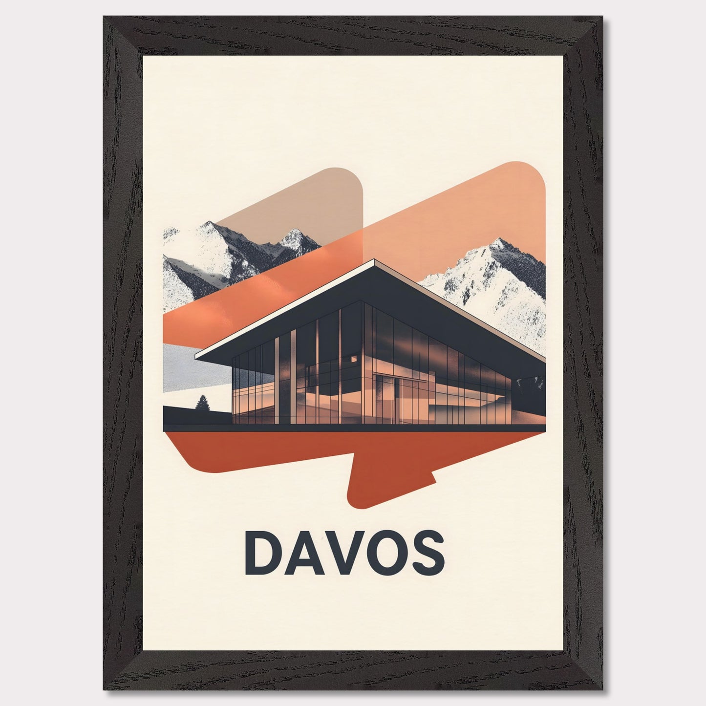 A sleek, modern representation of Davos, featuring a glass-fronted building set against towering alpine mountains. The minimalist color palette and subtle lighting effects give the scene a futuristic yet inviting feel.