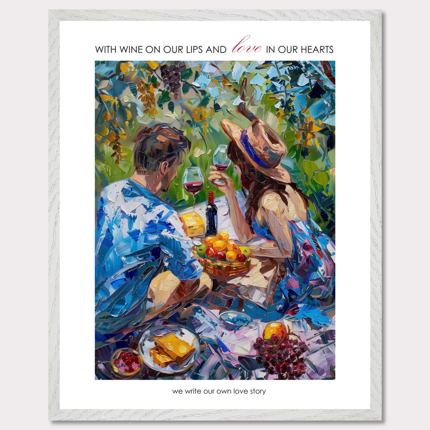 Couple on a summer picnic - Poster with a wooden frame