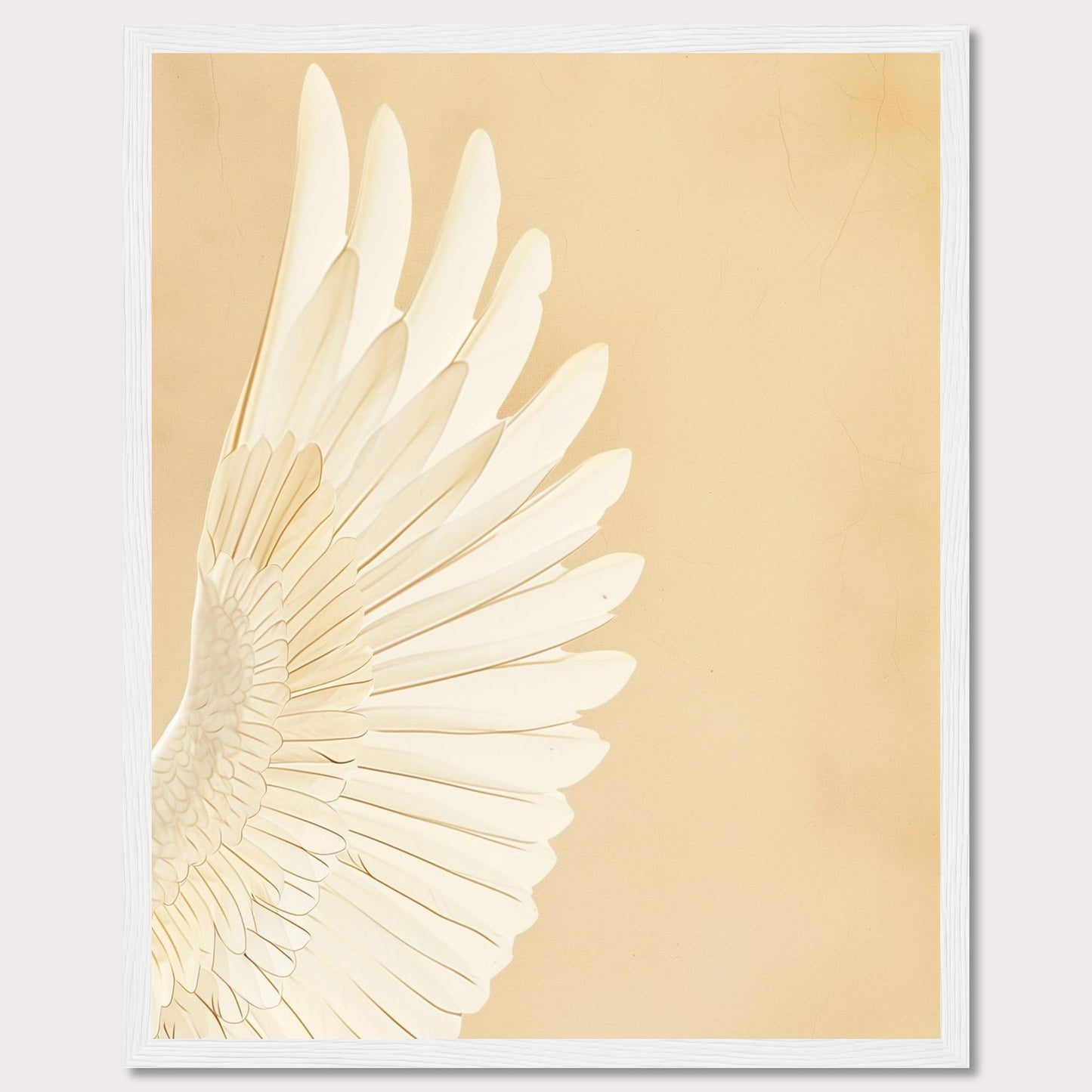 This elegant wall art features a detailed depiction of a white feathered wing against a soft beige background. The minimalist design and neutral tones make it a versatile piece for any room.