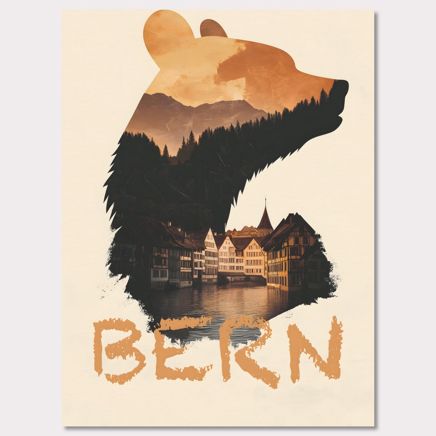 A captivating travel poster that merges Bern’s iconic bear symbol with the city’s historic charm. The silhouette of the bear contains a stunning landscape of alpine forests and traditional Swiss architecture, reflecting the city's rich heritage.