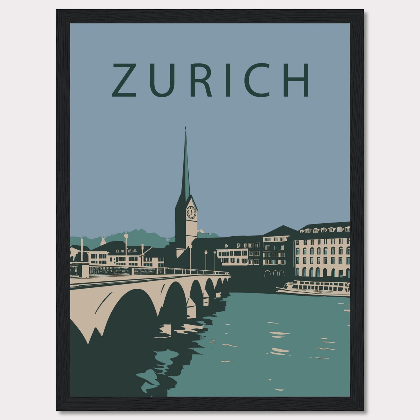 This poster features a serene illustration of Zurich, showcasing its iconic architecture and tranquil river scene.