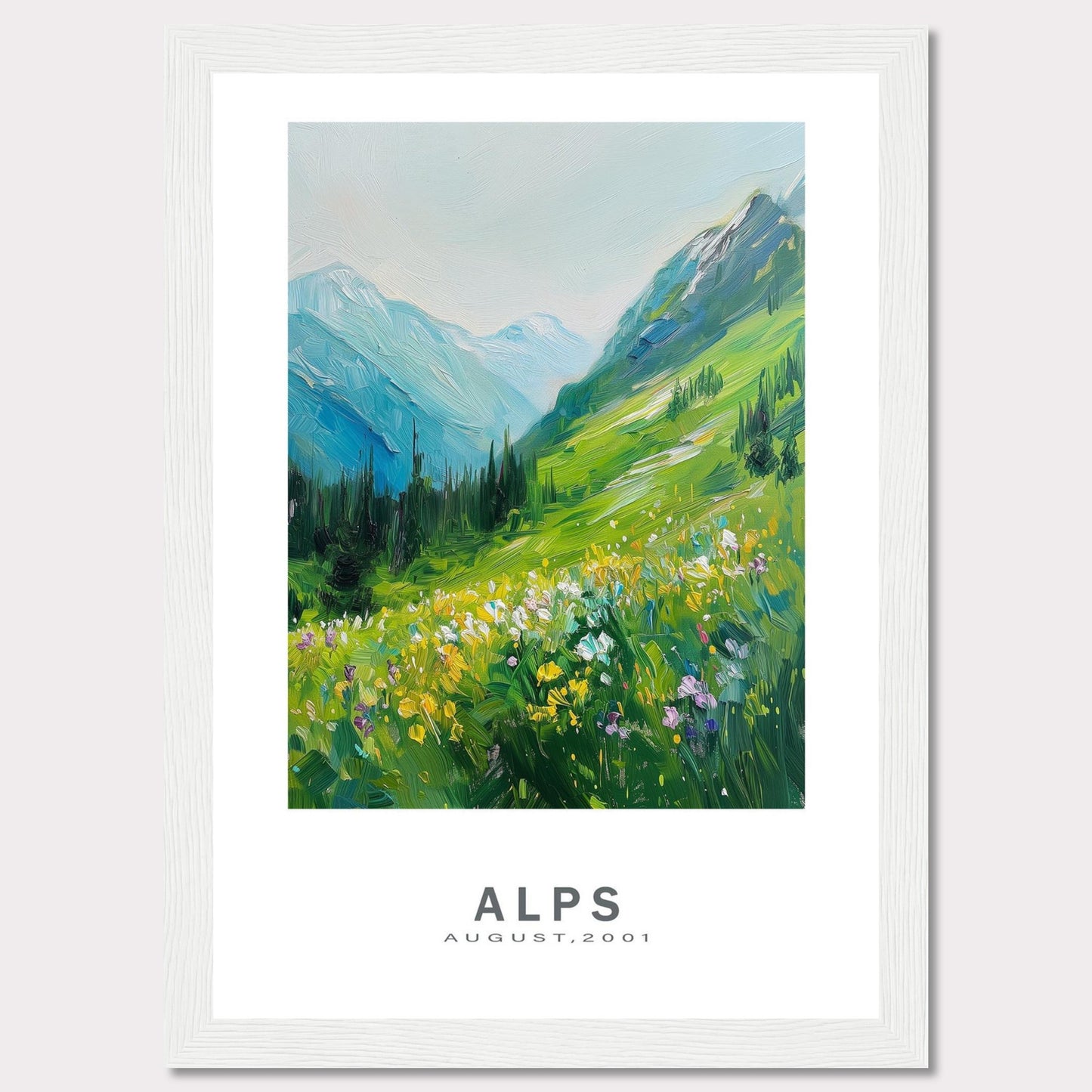 This beautiful framed artwork captures a vibrant and serene landscape of the Alps in August 2001. The painting showcases lush green mountains, colorful wildflowers, and a tranquil sky.