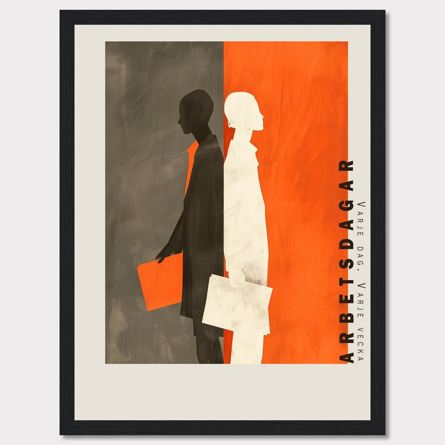 This striking artwork features two silhouetted figures, one in black and the other in white, standing back-to-back against a divided background of gray and orange. Both figures are holding documents, symbolizing work or business activities. The text "ARBETSDAGAR" is prominently displayed vertically on the right side, accompanied by the phrase "VARJE DAG - VARJE VECKA" below it.