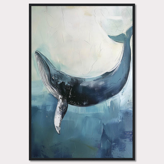 This image showcases a stunning painting of a whale gracefully swimming in the ocean. The artwork captures the serene beauty and majesty of the whale, set against a backdrop of soothing blue and white hues. The texture and brushstrokes add depth and movement to the piece, making it an eye-catching addition to any space.