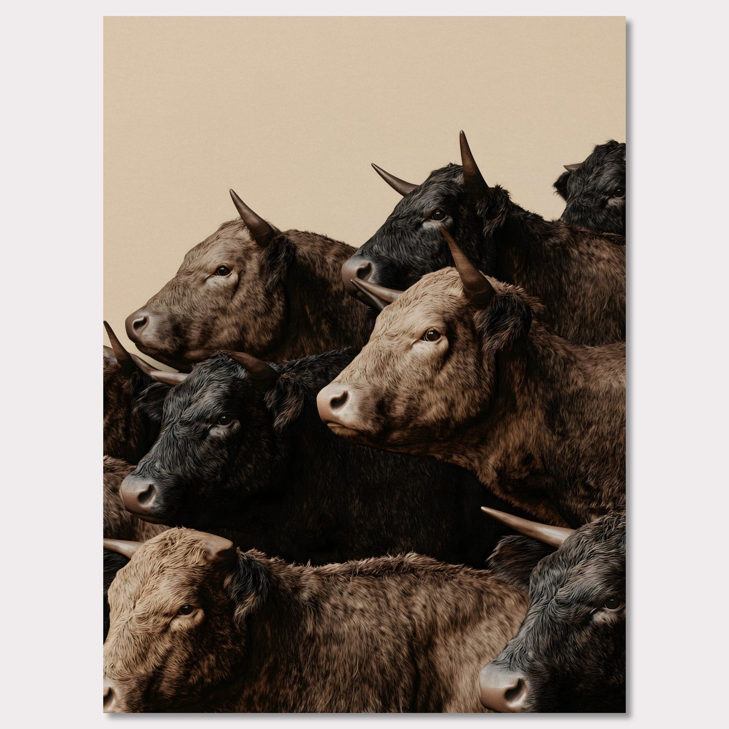 This illustration depicts a group of oxen with varying shades of brown and black fur, closely packed together against a plain beige background.

This poster will fit well in rustic or farmhouse-style interiors, animal-themed spaces, or art collections focusing on wildlife.