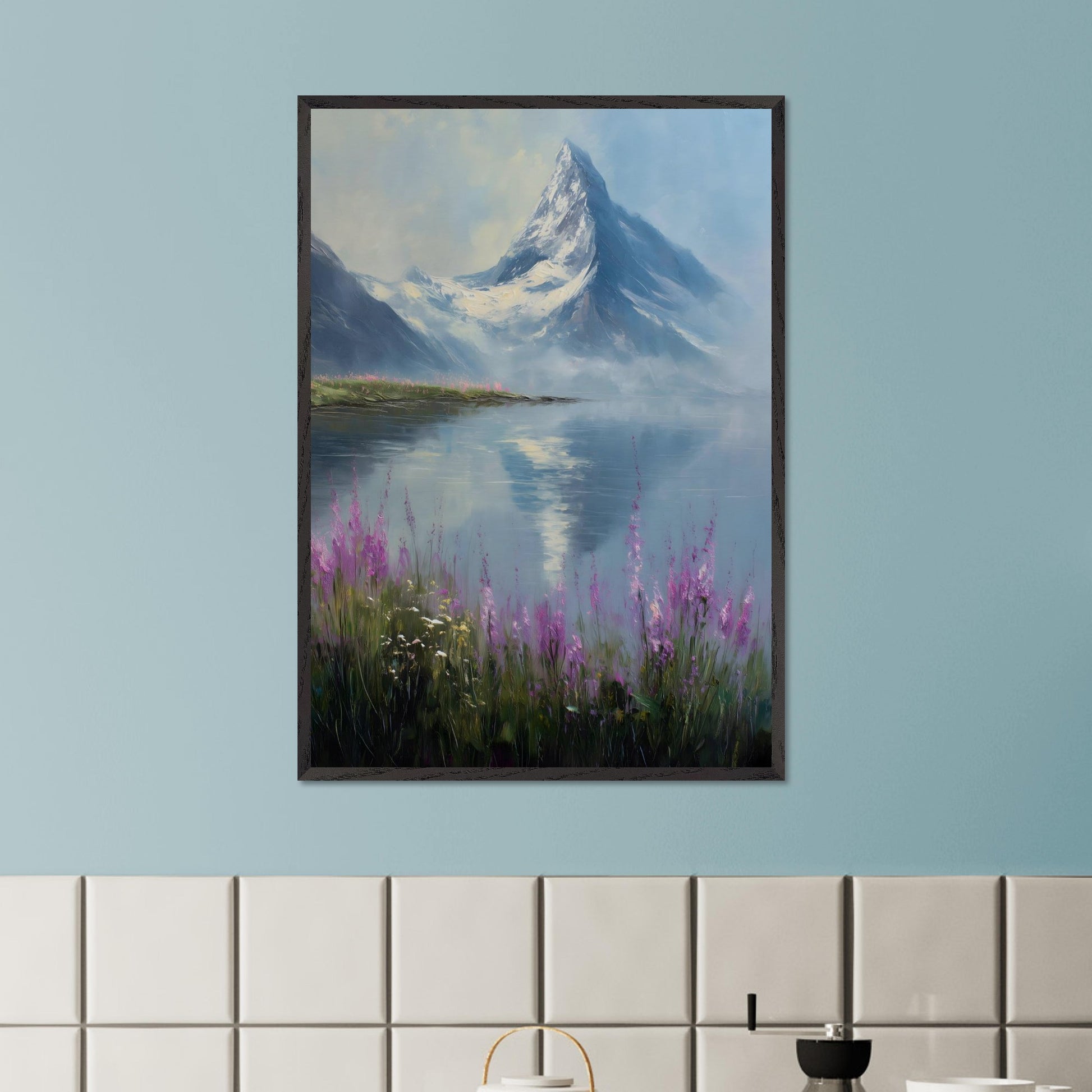 Snow-dusted Matterhorn rises over a lake fringed with fireweed in bloom. Reflections shimmer, colors merge in peace. This image is a mountain hush, an ode to bloom, ice, and awe.