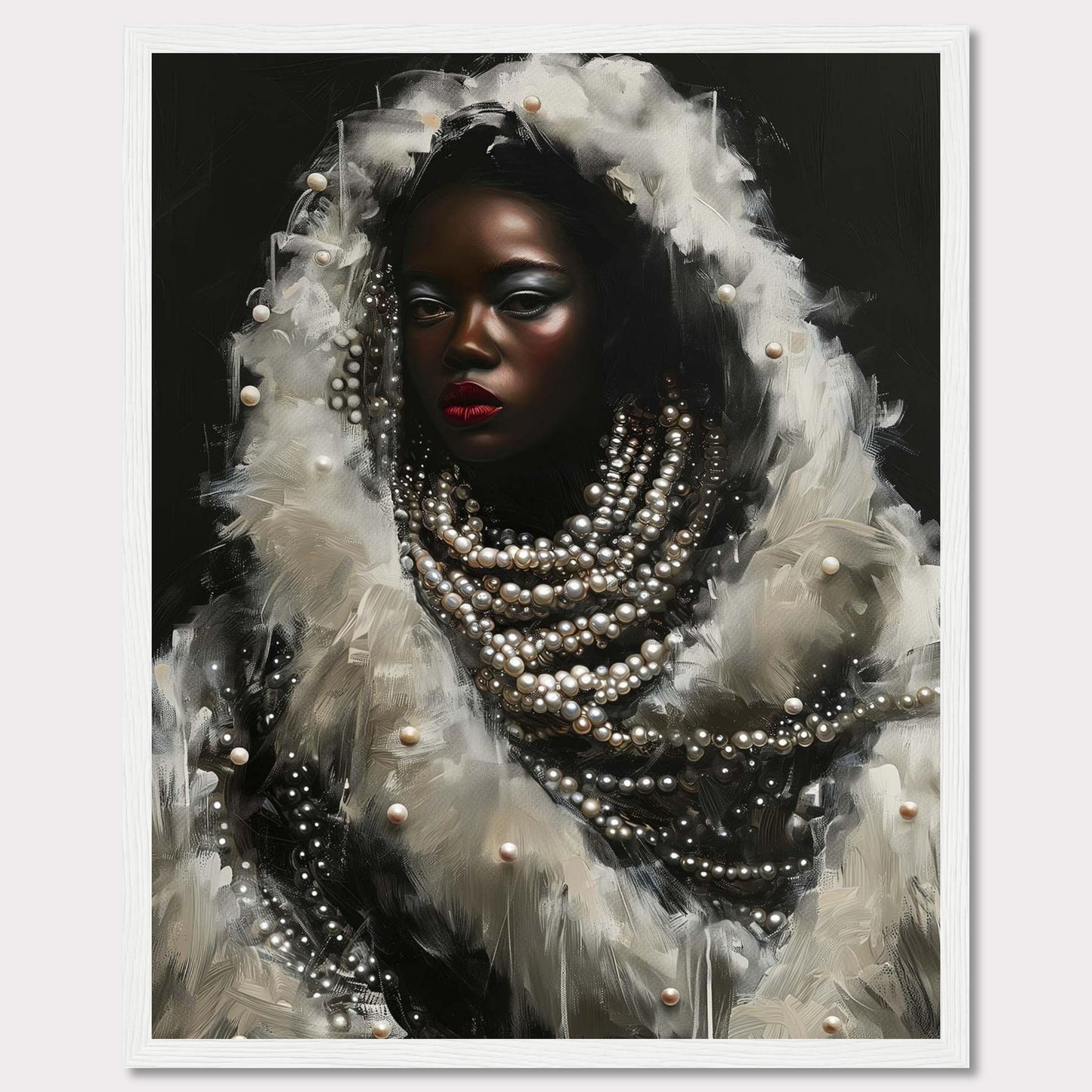 This captivating artwork features a striking portrait of a woman adorned with layers of pearls and white feathers. The dark background accentuates her luminous skin and bold red lips, creating a dramatic contrast. The intricate details of the pearls and feathers add a sense of luxury and elegance to the piece.