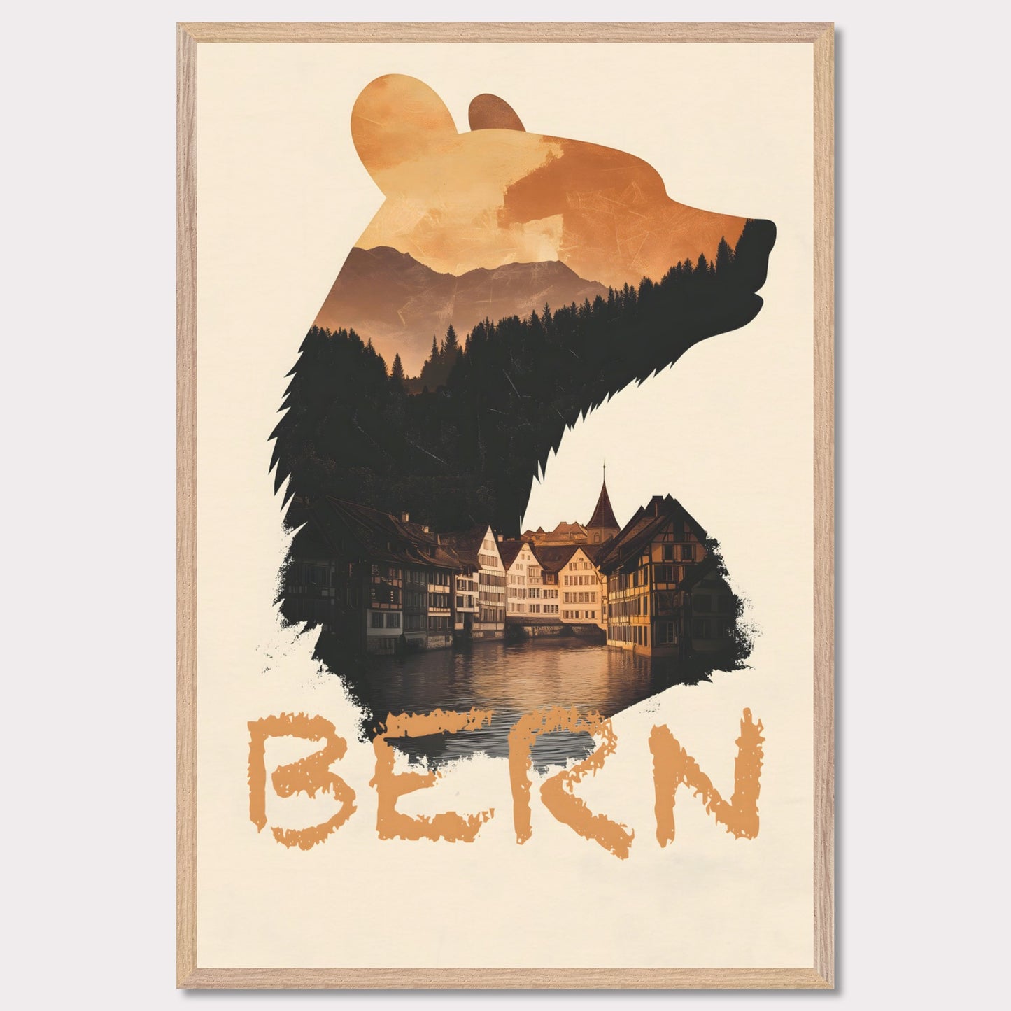 A captivating travel poster that merges Bern’s iconic bear symbol with the city’s historic charm. The silhouette of the bear contains a stunning landscape of alpine forests and traditional Swiss architecture, reflecting the city's rich heritage.