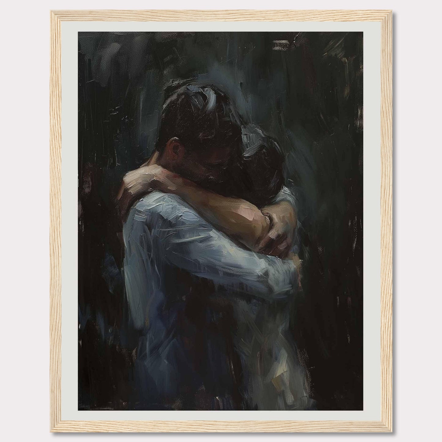 This evocative painting captures a tender embrace between two figures, conveying deep emotion and connection. The dark, muted tones enhance the intimacy of the moment, drawing the viewer into the scene.