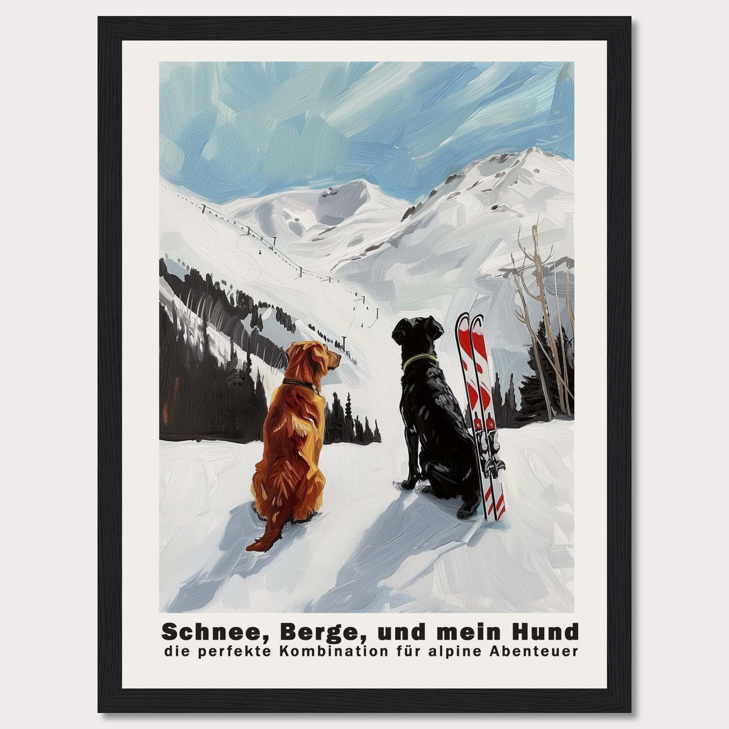 This image depicts two dogs sitting in the snow, gazing at a snowy mountain landscape. Next to them is a pair of skis, suggesting an alpine adventure. The sky is clear with a few clouds, adding to the serene and adventurous atmosphere.