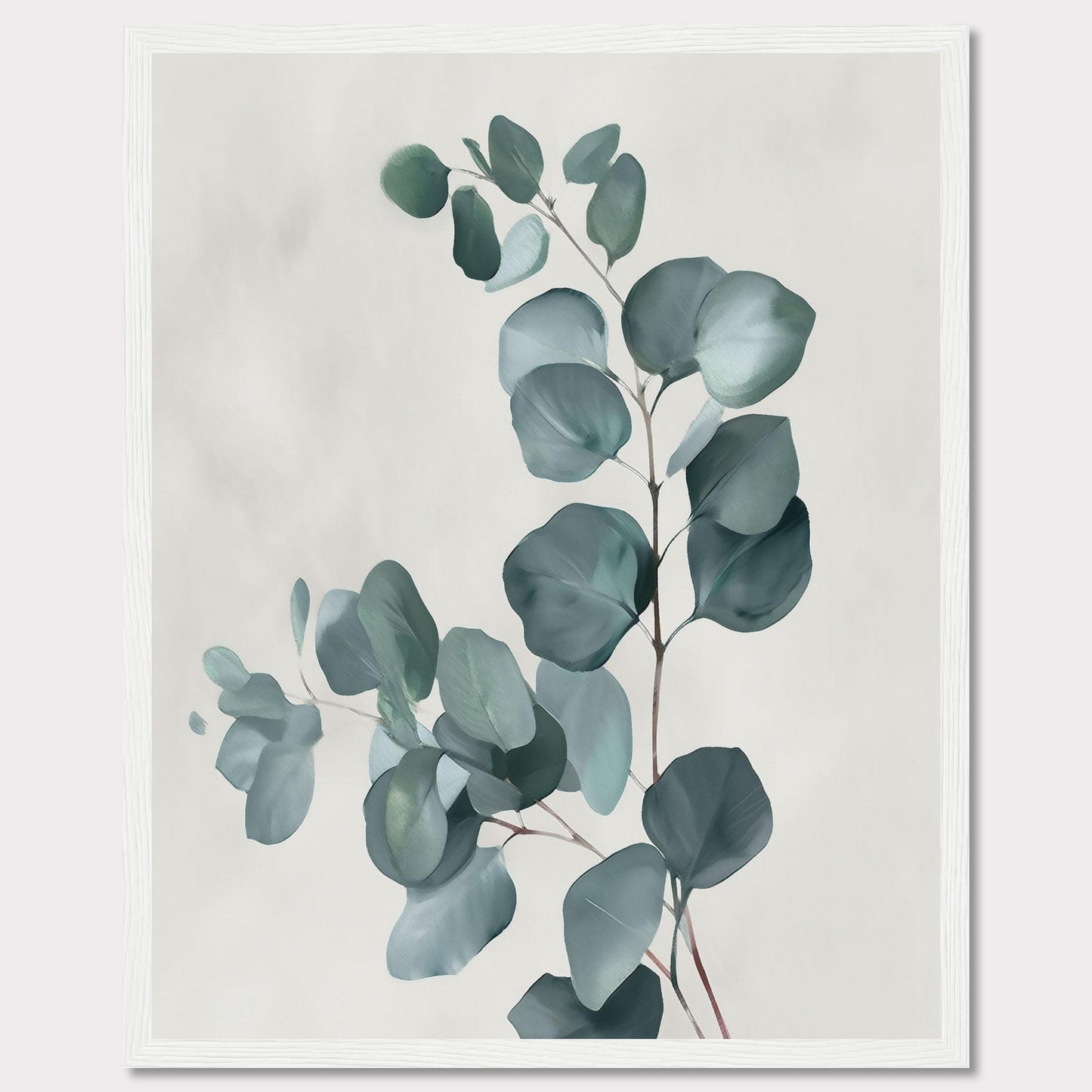 This image showcases a minimalist botanical artwork featuring eucalyptus leaves. The leaves are painted in soft, muted green tones against a light background, creating a serene and calming effect.