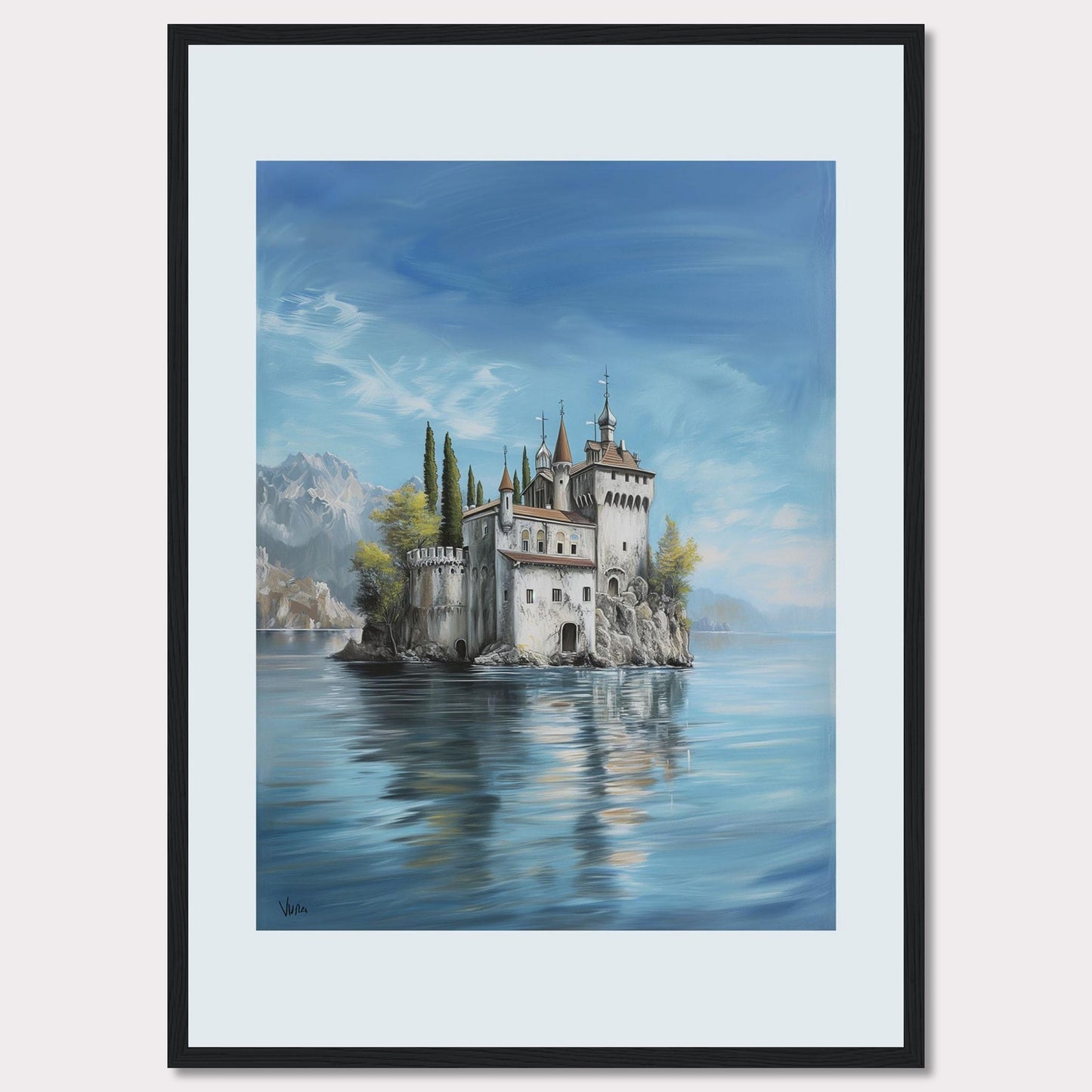 This stunning painting captures the serene beauty of a majestic castle perched on a small island, surrounded by calm waters. The scene is set against a backdrop of distant mountains and a clear blue sky, evoking a sense of tranquility and wonder.