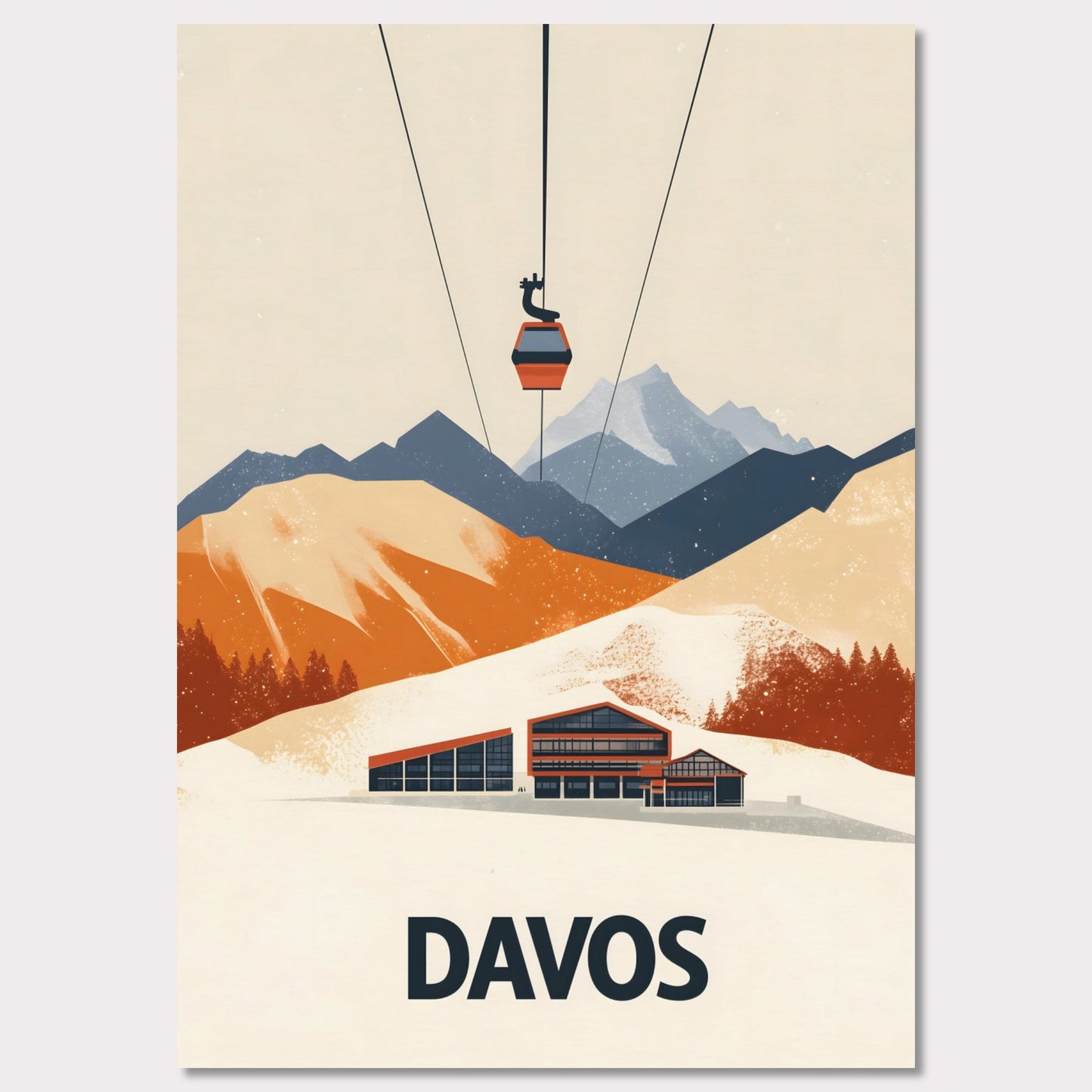 A stunning visual of a winter resort in Davos, nestled among snow-covered mountains. A cable car ascends above, symbolizing the excitement of skiing and high-altitude adventures.