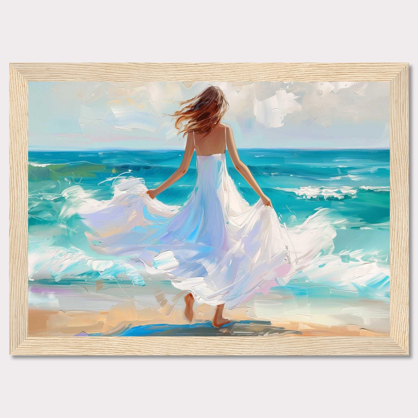 This stunning painting captures a serene moment of a woman in a flowing white dress standing at the edge of the ocean, with waves gently crashing onto the shore. The vibrant colors and dynamic brushstrokes bring this scene to life, evoking a sense of peace and freedom.