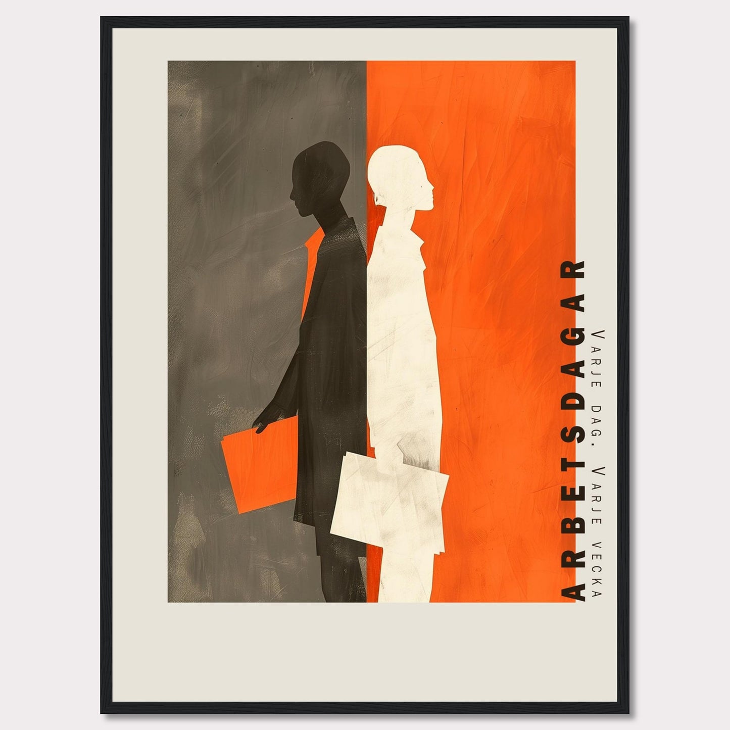 70aa1de1-e31c-446d-ac00-4fc7a7125283This striking artwork features two silhouetted figures, one in black and the other in white, standing back-to-back against a divided background of gray and orange. Both figures are holding documents, symbolizing work or business activities. The text "ARBETSDAGAR" is prominently displayed vertically on the right side, accompanied by the phrase "VARJE DAG - VARJE VECKA" below it.