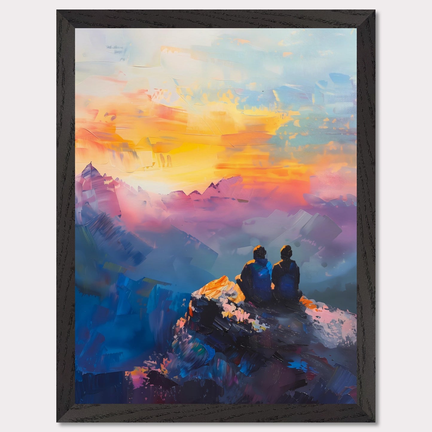 This is an illustration of two people sitting on a rocky cliff, overlooking a vibrant and colorful sunset or sunrise. The sky is painted with warm hues of orange, yellow, and pink, blending into cooler tones of blue and purple.