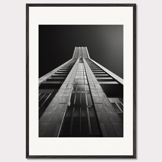 This striking black and white photograph captures the awe-inspiring perspective of looking up at a towering skyscraper. The image emphasizes the sleek lines and modern architecture, drawing the viewer's eye upwards towards the sky.