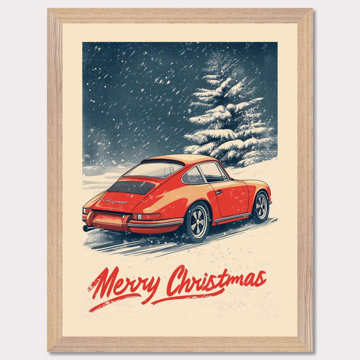 This nostalgic holiday poster features a striking red Porsche driving through a snow-covered landscape, with festive snowflakes gently falling around the scene. A snowy tree and soft winter hues create a cozy and festive atmosphere. The bold "Merry Christmas" typography adds an extra touch of holiday cheer, making it a perfect way to celebrate the season with a classic car enthusiast's touch.