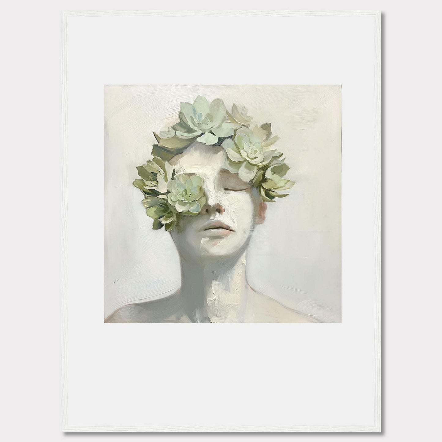 This captivating artwork features a serene face adorned with a crown of succulents, blending nature and human form in a harmonious expression.