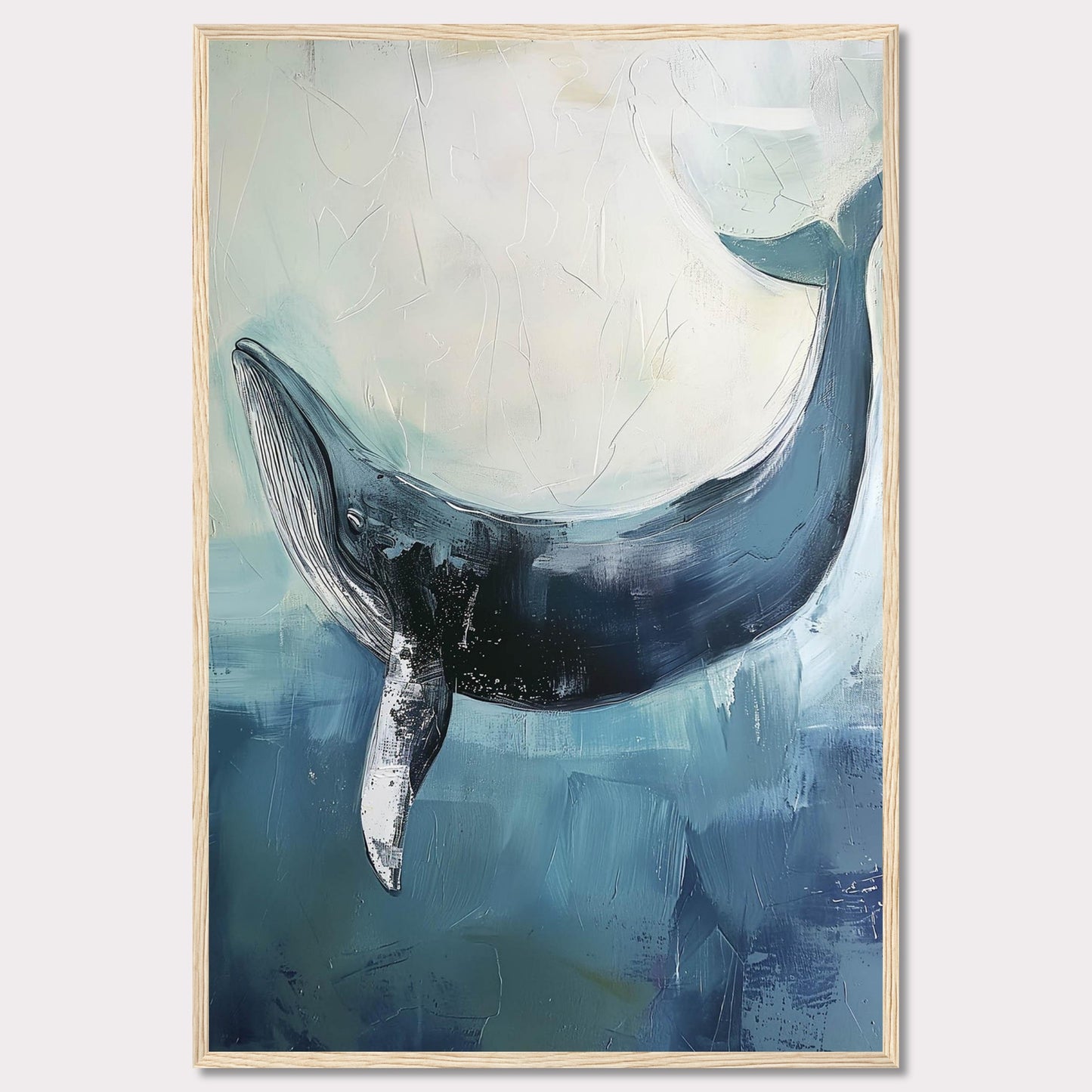 This image showcases a stunning painting of a whale gracefully swimming in the ocean. The artwork captures the serene beauty and majesty of the whale, set against a backdrop of soothing blue and white hues. The texture and brushstrokes add depth and movement to the piece, making it an eye-catching addition to any space.