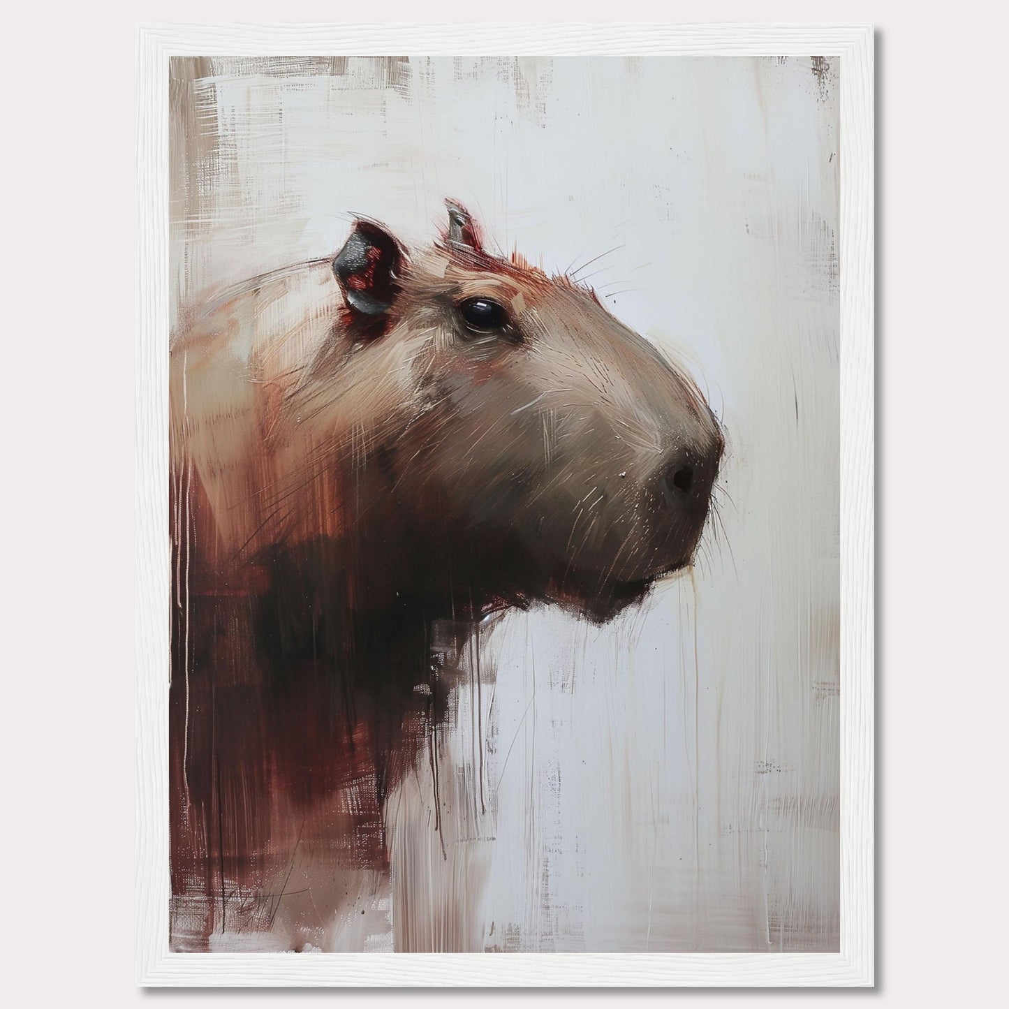 This image showcases a striking painting of a capybara, rendered in a modern, abstract style. The artwork features bold brush strokes and a muted color palette, with the capybara's head turned slightly to the side.