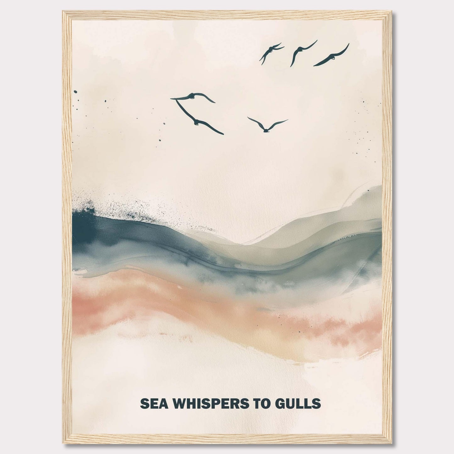 This serene artwork features a minimalist design with gentle waves and flying gulls. The soothing colors create a tranquil atmosphere, perfect for any space needing a touch of calm. The text "SEA WHISPERS TO GULLS" adds a poetic element to the piece.